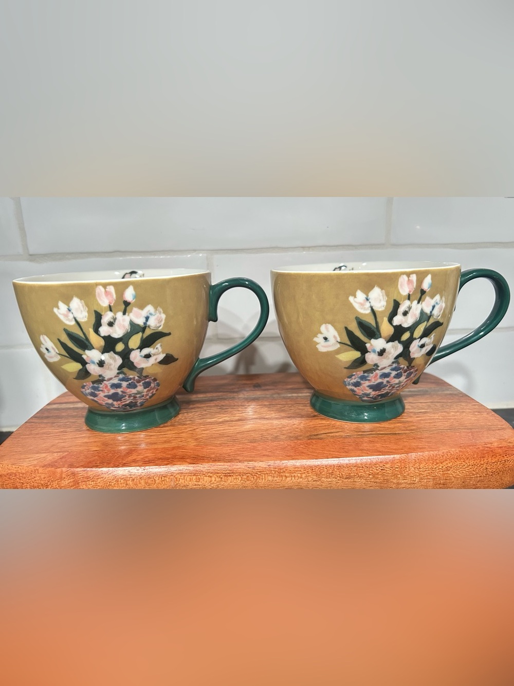 Grace Teaware Floral China Footed Mugs Green Set of 2